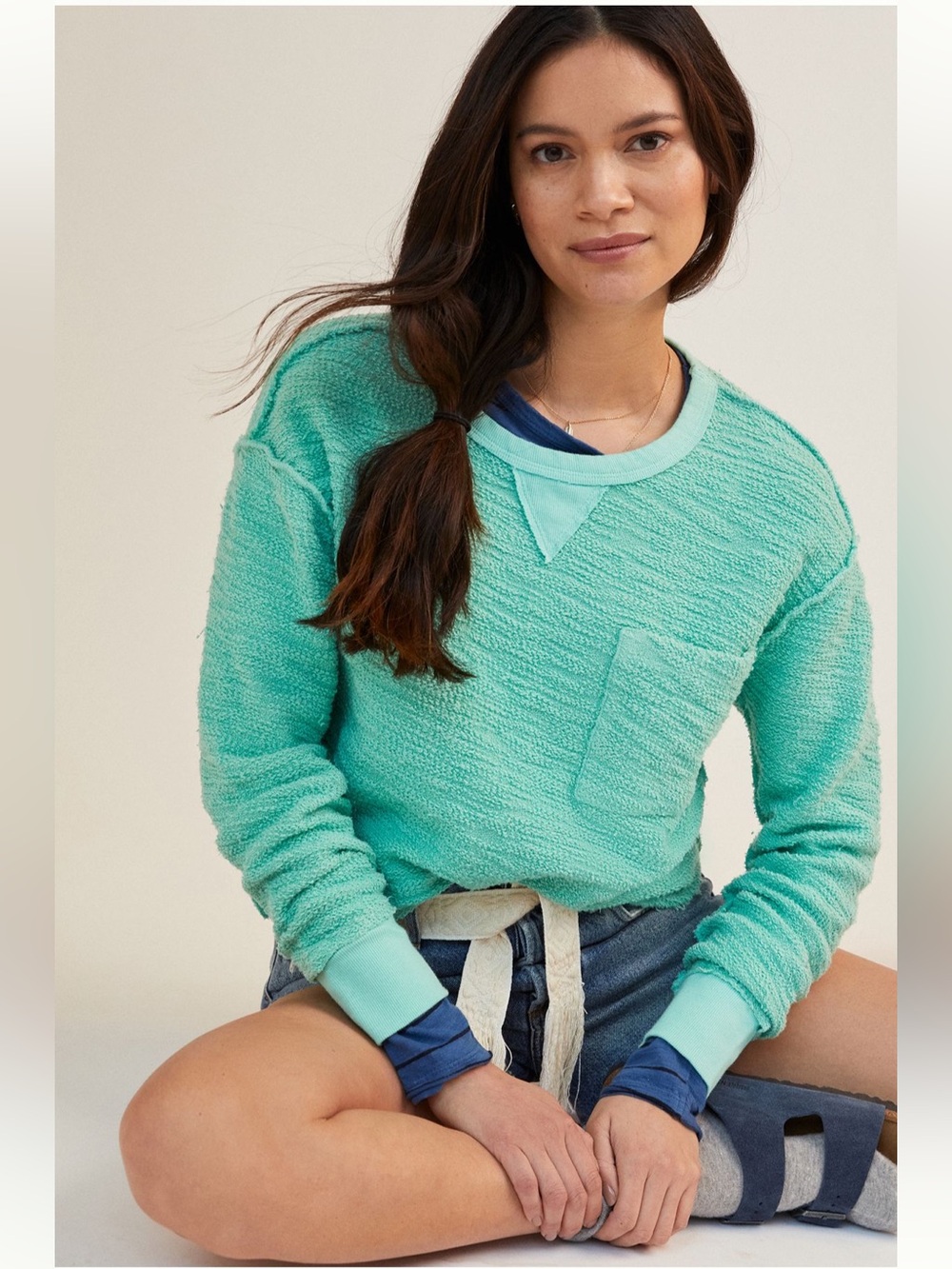 Anthropologie T.La Dublin Pullover Opal (Teal) Cotton Sweatshirt M EUC